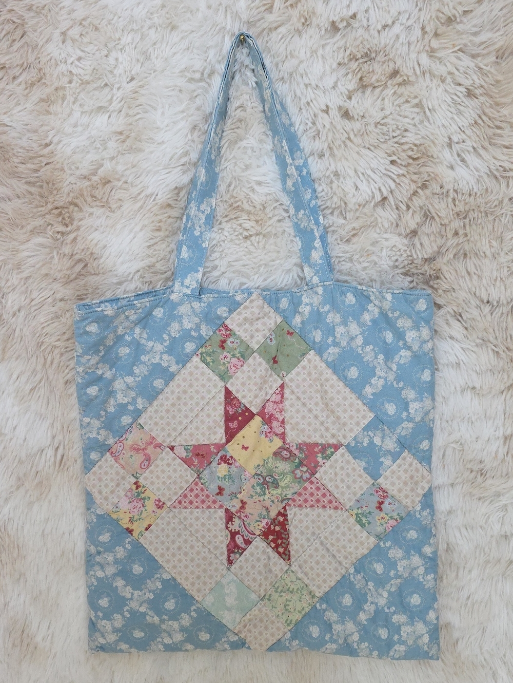 Handmade Patchwork Quilt Tote Bag Blue Floral Cotton Star Block Reversible Style